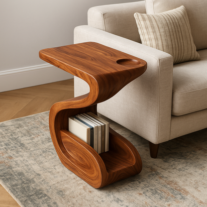 Handcrafted Solid Wood Armrest Table with Sculpted Curve Design and Storage Shelf Lynnsnail