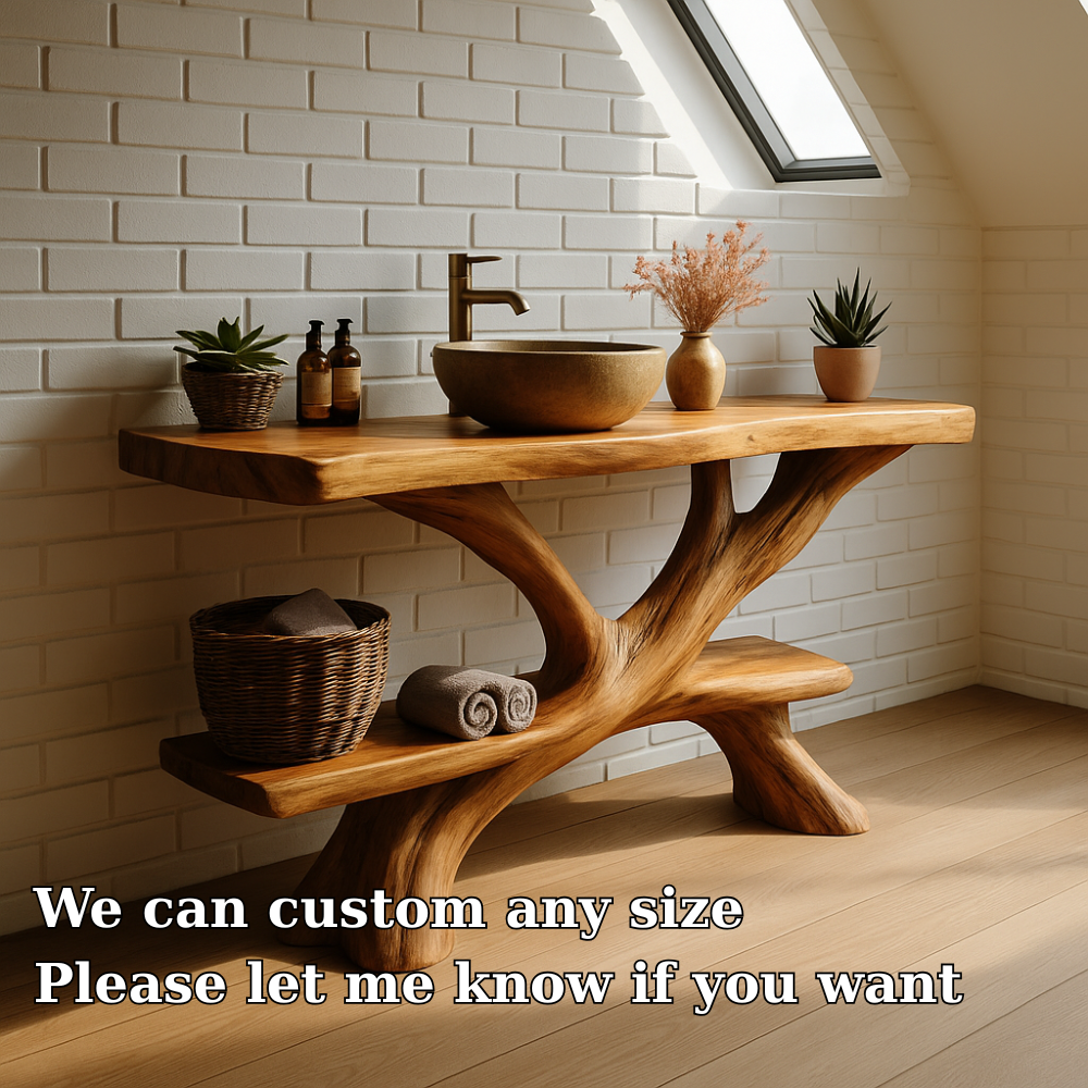 Handcrafted Solid Wood Bathroom Vanity – Rustic Organic Double Shelf Design for Modern Homes Lynnsnail