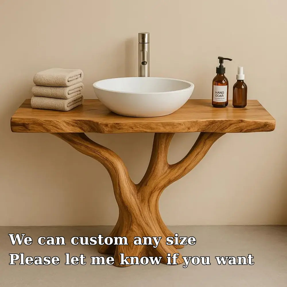 Handcrafted Solid Wood Bathroom Vanity with Tree Design – Natural Organic Sink Console Lynnsnail