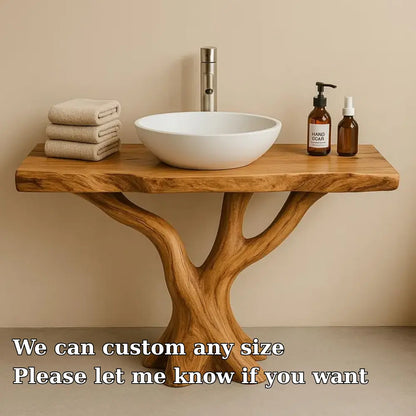 Handcrafted Solid Wood Bathroom Vanity with Tree Design – Natural Organic Sink Console Lynnsnail
