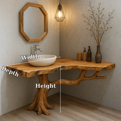 Handcrafted Solid Wood Bathroom Vanity – Organic Tree Branch Base with Live Edge Top Lynnsnail