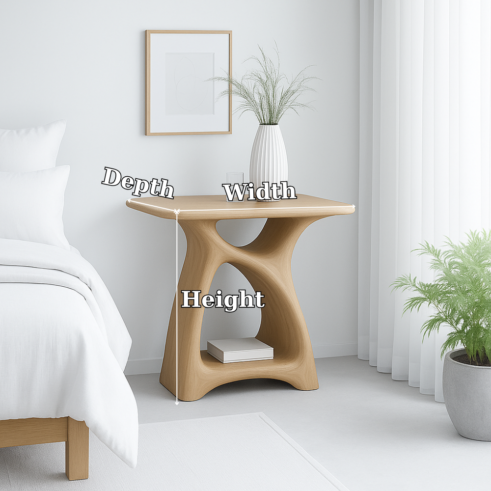 Handcrafted Solid Wood Nightstand – Modern Sculptural Bedside Table with Open Shelf Lynnsnail