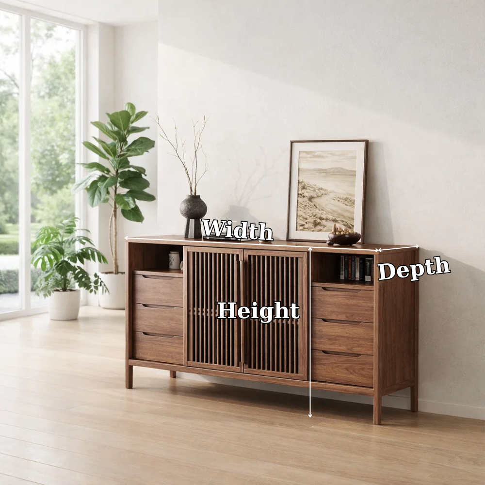 Modern Console Table with Slatted Doors & Multiple Drawers
