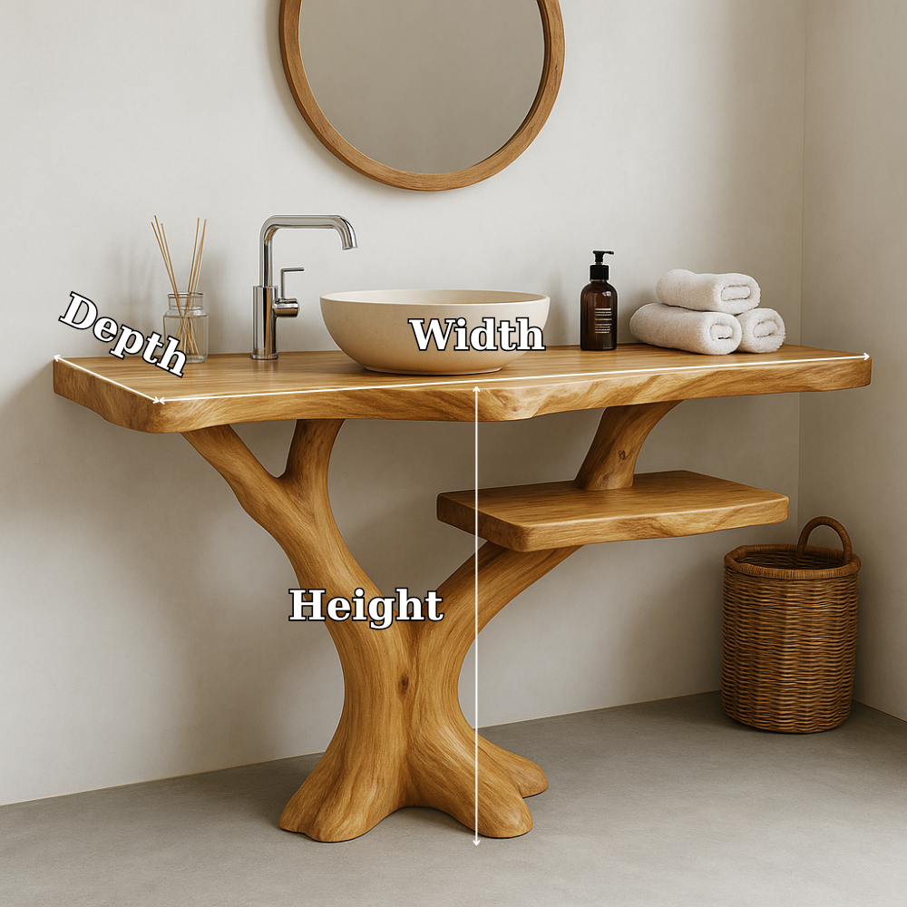 Handcrafted Solid Wood Bathroom Vanity – Natural Tree Form Design with Floating Shelf Lynnsnail