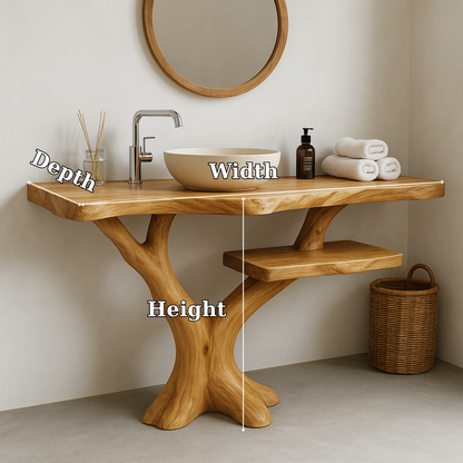 Handcrafted Solid Wood Bathroom Vanity – Natural Tree Form Design with Floating Shelf Lynnsnail