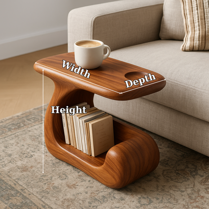 Handcrafted Solid Wood Armrest Table – Sculpted Sofa Side Table with Storage Shelf Lynnsnail