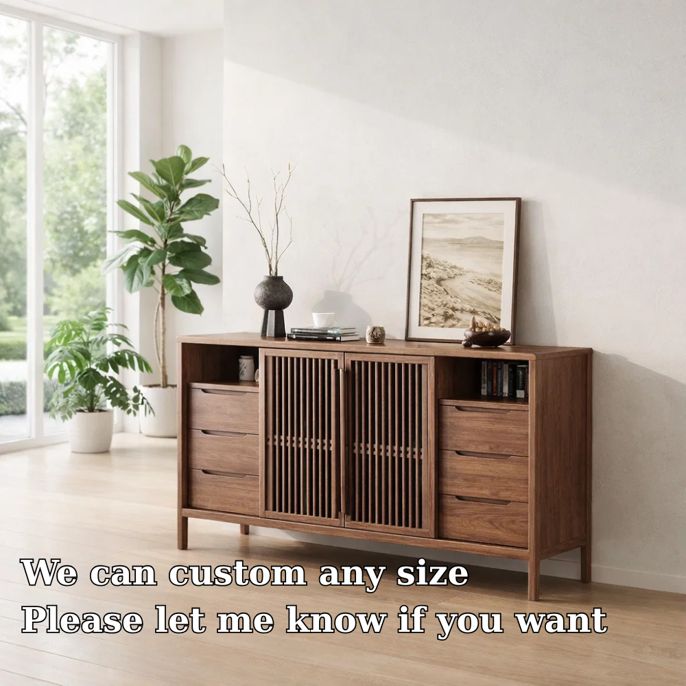 Modern Console Table with Slatted Doors & Multiple Drawers