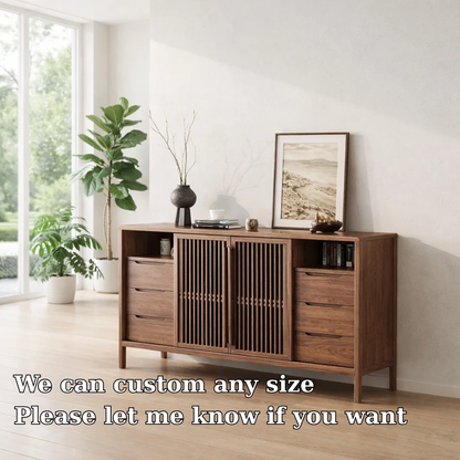 Modern Console Table with Slatted Doors & Multiple Drawers