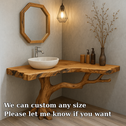Handcrafted Solid Wood Bathroom Vanity – Organic Tree Branch Base with Live Edge Top Lynnsnail