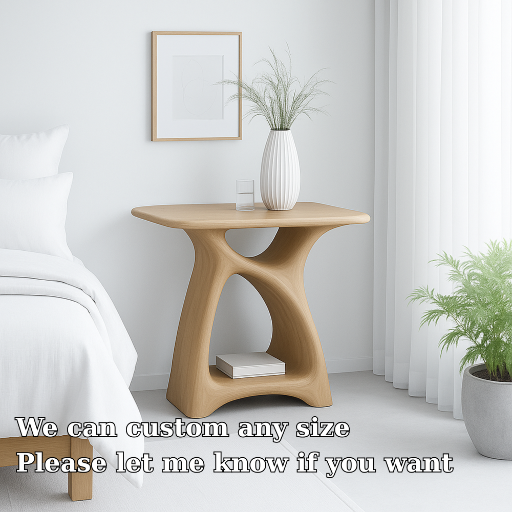 Handcrafted Solid Wood Nightstand – Modern Sculptural Bedside Table with Open Shelf Lynnsnail