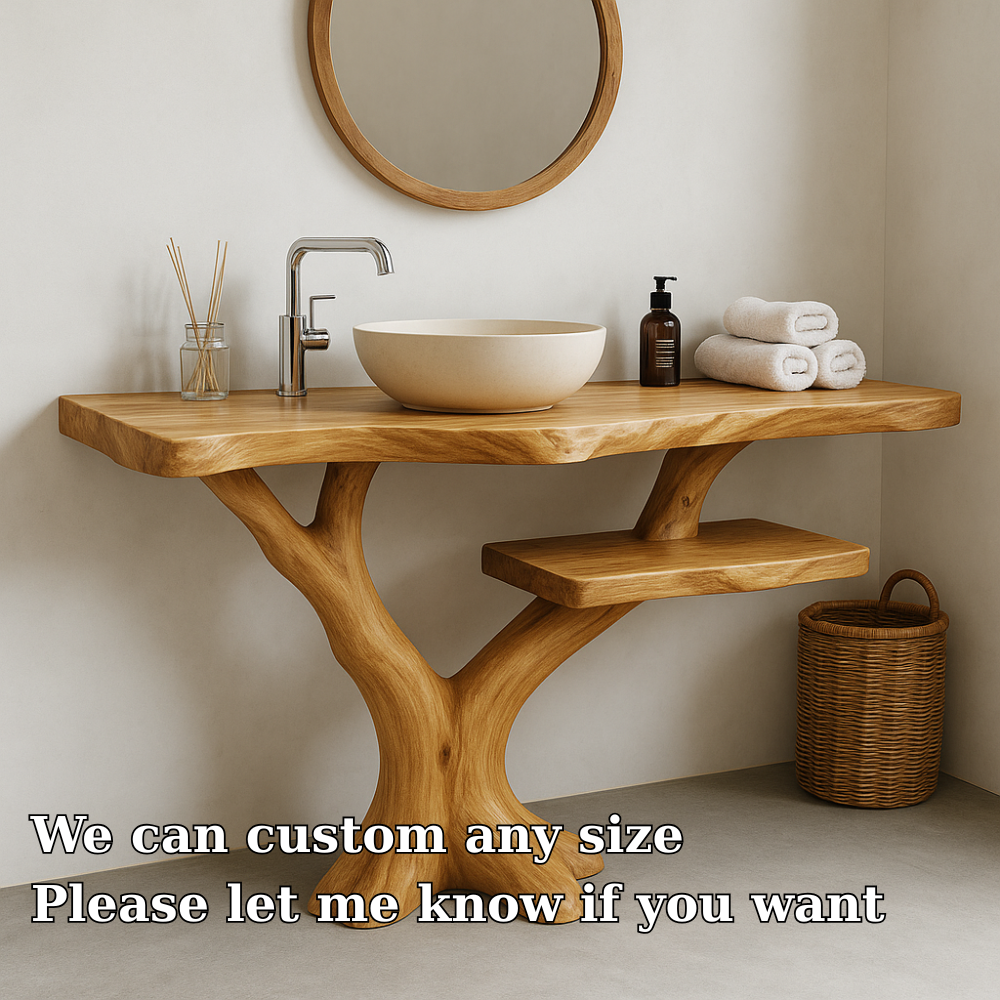 Handcrafted Solid Wood Bathroom Vanity – Natural Tree Form Design with Floating Shelf Lynnsnail