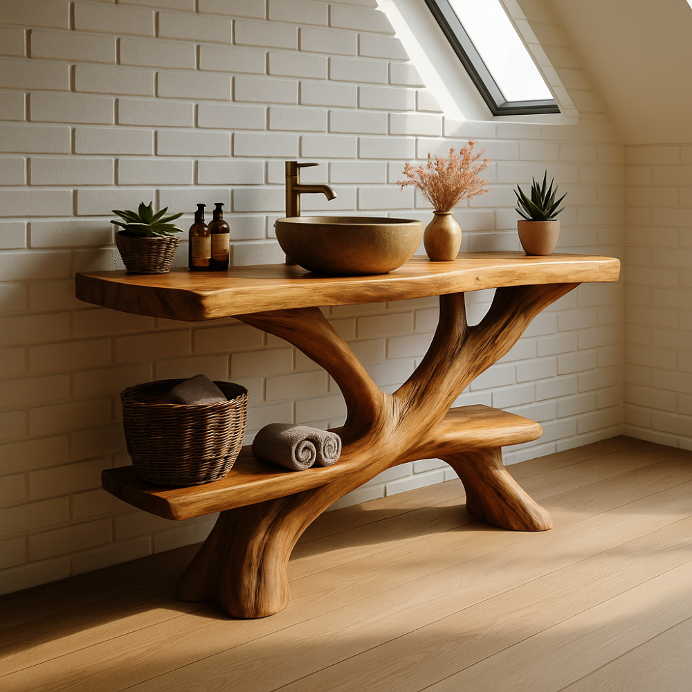 Handcrafted Solid Wood Bathroom Vanity – Rustic Organic Double Shelf Design for Modern Homes Lynnsnail
