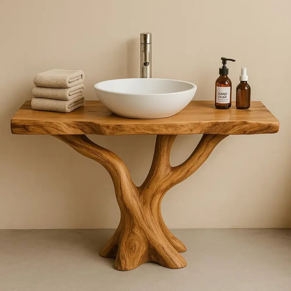 Handcrafted Solid Wood Bathroom Vanity with Tree Design – Natural Organic Sink Console Lynnsnail