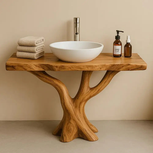 Handcrafted Solid Wood Bathroom Vanity with Tree Design – Natural Organic Sink Console Lynnsnail