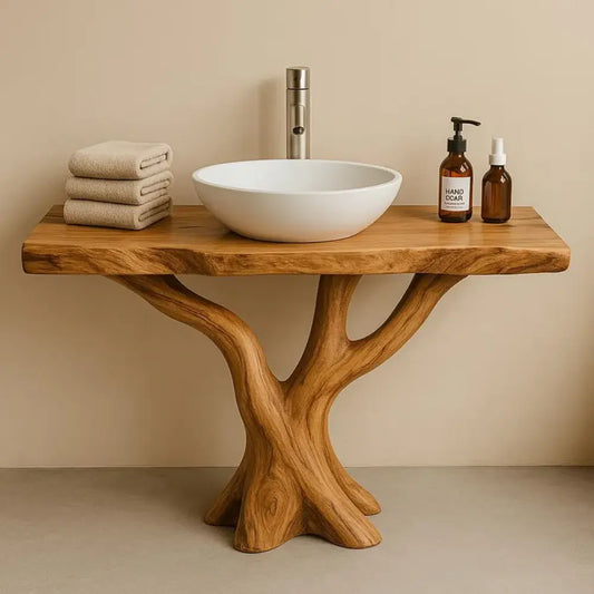 Handcrafted Solid Wood Bathroom Vanity with Tree Design – Natural Organic Sink Console Lynnsnail