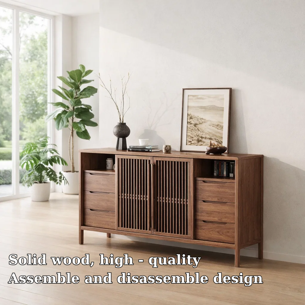 Modern Console Table with Slatted Doors & Multiple Drawers