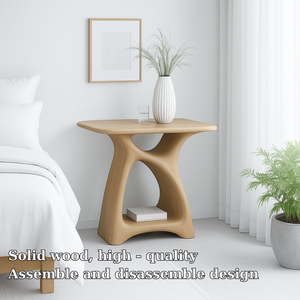 Handcrafted Solid Wood Nightstand – Modern Sculptural Bedside Table with Open Shelf Lynnsnail