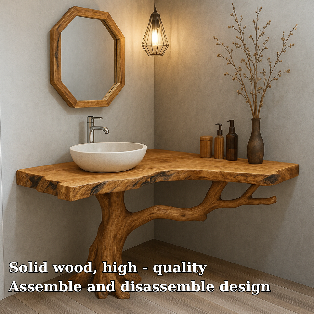 Handcrafted Solid Wood Bathroom Vanity – Organic Tree Branch Base with Live Edge Top Lynnsnail