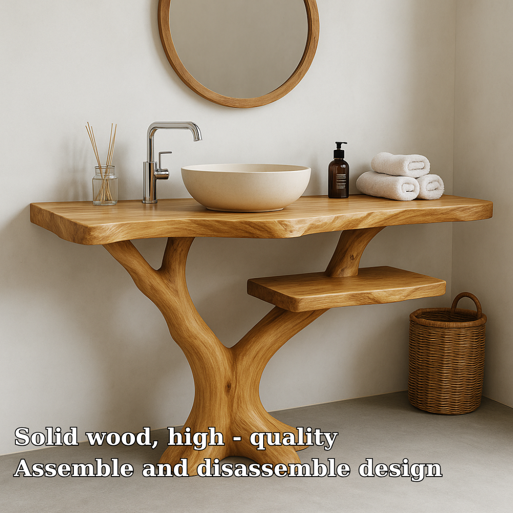 Handcrafted Solid Wood Bathroom Vanity – Natural Tree Form Design with Floating Shelf Lynnsnail