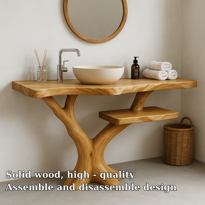 Handcrafted Solid Wood Bathroom Vanity – Natural Tree Form Design with Floating Shelf Lynnsnail