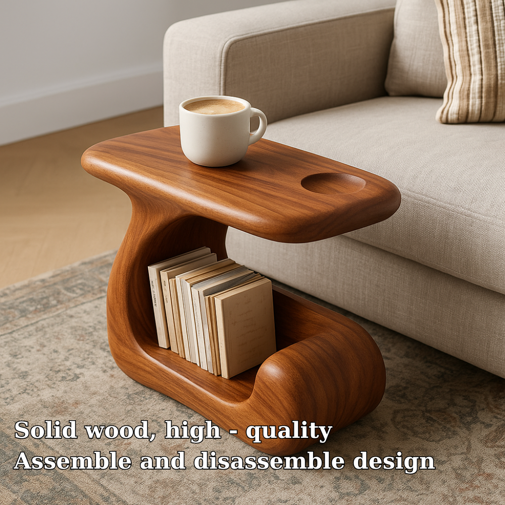 Handcrafted Solid Wood Armrest Table – Sculpted Sofa Side Table with Storage Shelf Lynnsnail