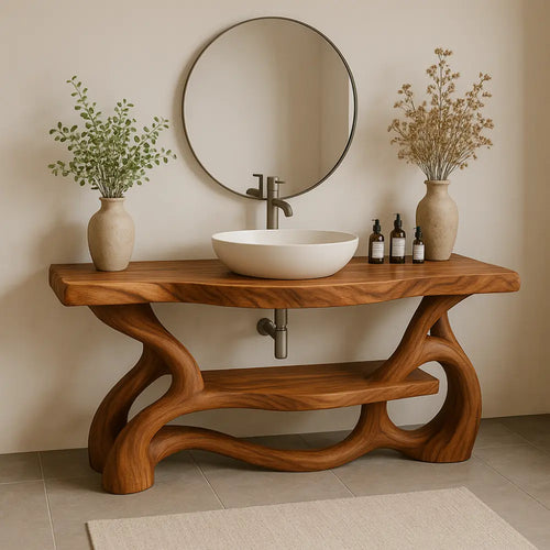Handcrafted Solid Wood Bathroom Vanity with Sculptural Organic Base – Modern Natural Design Lynnsnail