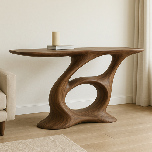 Handcrafted Solid Wood Console Table – Artistic Modern Design with Sculptural Curved Base Lynnsnail