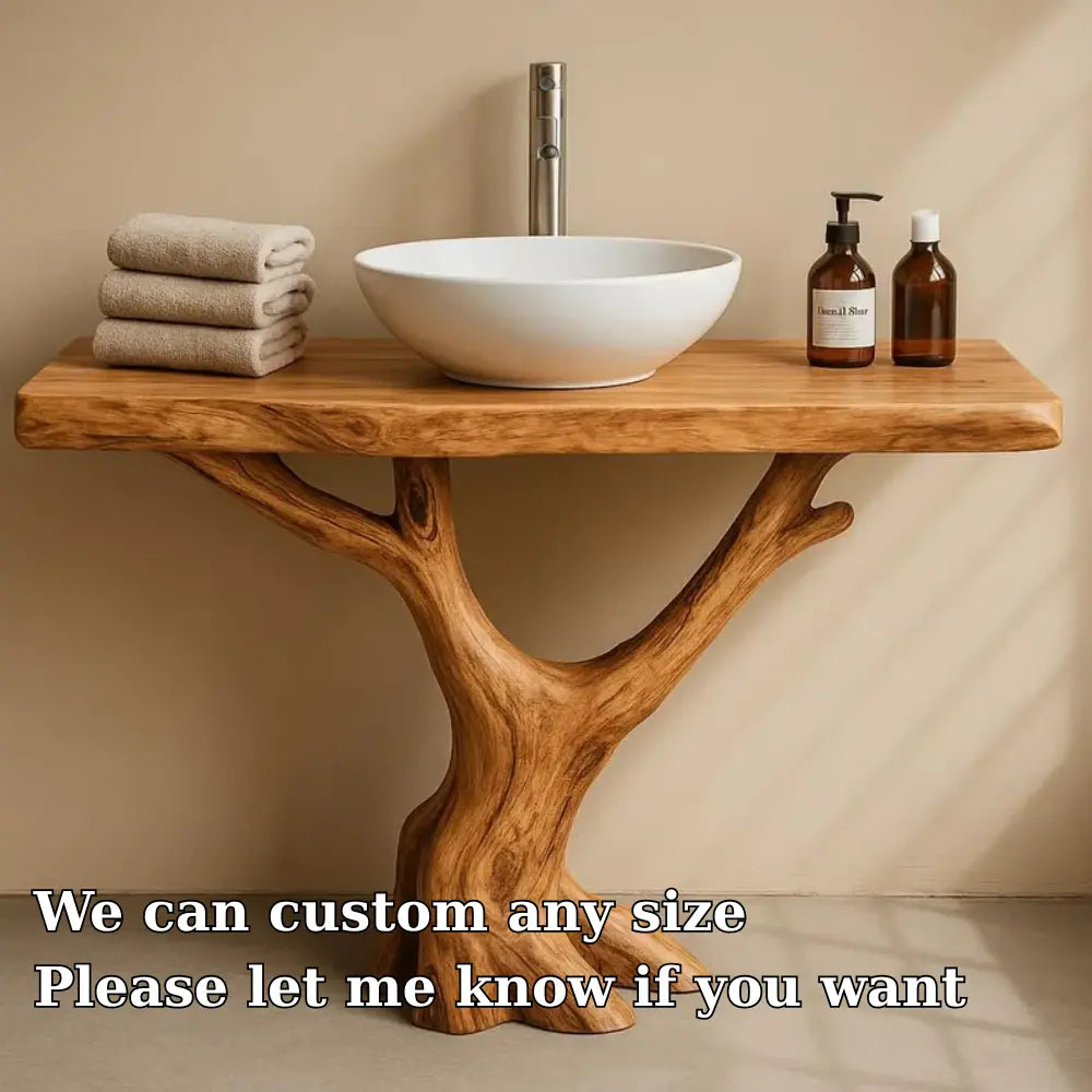 Handcrafted Solid Wood Bathroom Vanity with Tree Trunk Base – Organic Minimalist Sink Stand Lynnsnail
