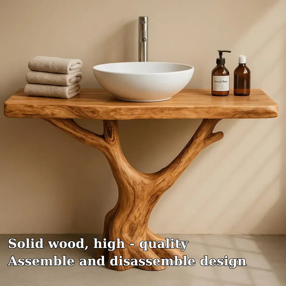 Handcrafted Solid Wood Bathroom Vanity with Tree Trunk Base – Organic Minimalist Sink Stand Lynnsnail