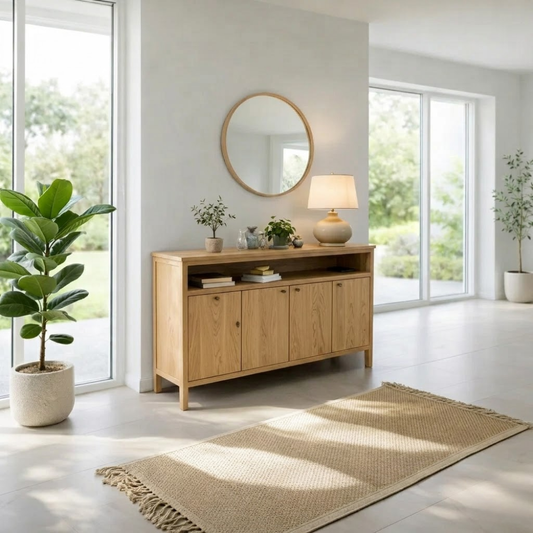 Modern Console Table with Cabinet Doors & Open Shelf