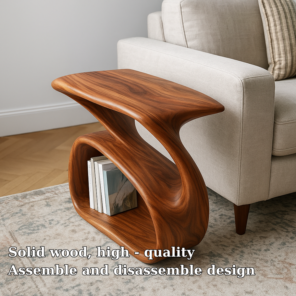 Handcrafted Solid Wood Armrest Table – Organic Curved Sofa Side Table with Storage Shelf Lynnsnail