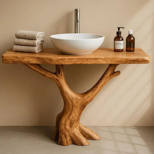 Handcrafted Solid Wood Bathroom Vanity with Tree Trunk Base – Organic Minimalist Sink Stand Lynnsnail