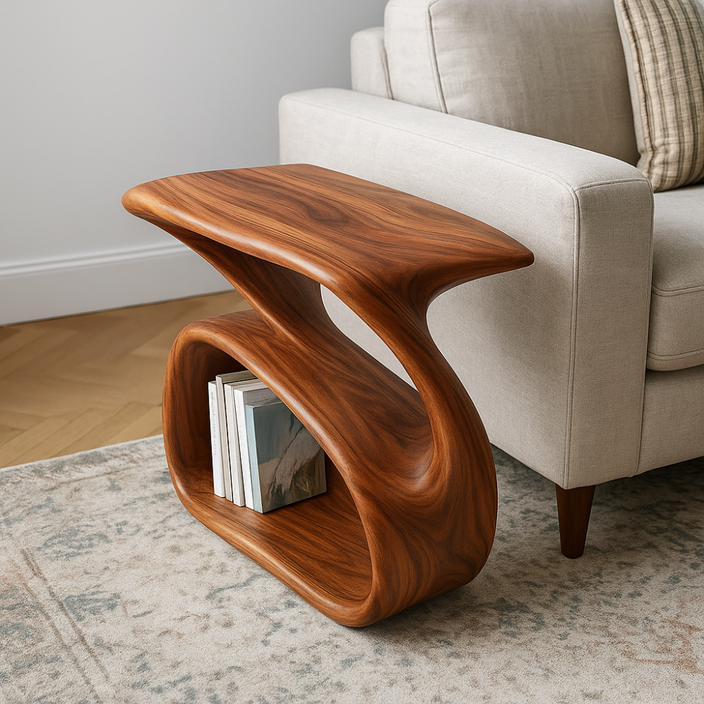 Handcrafted Solid Wood Armrest Table – Organic Curved Sofa Side Table with Storage Shelf Lynnsnail