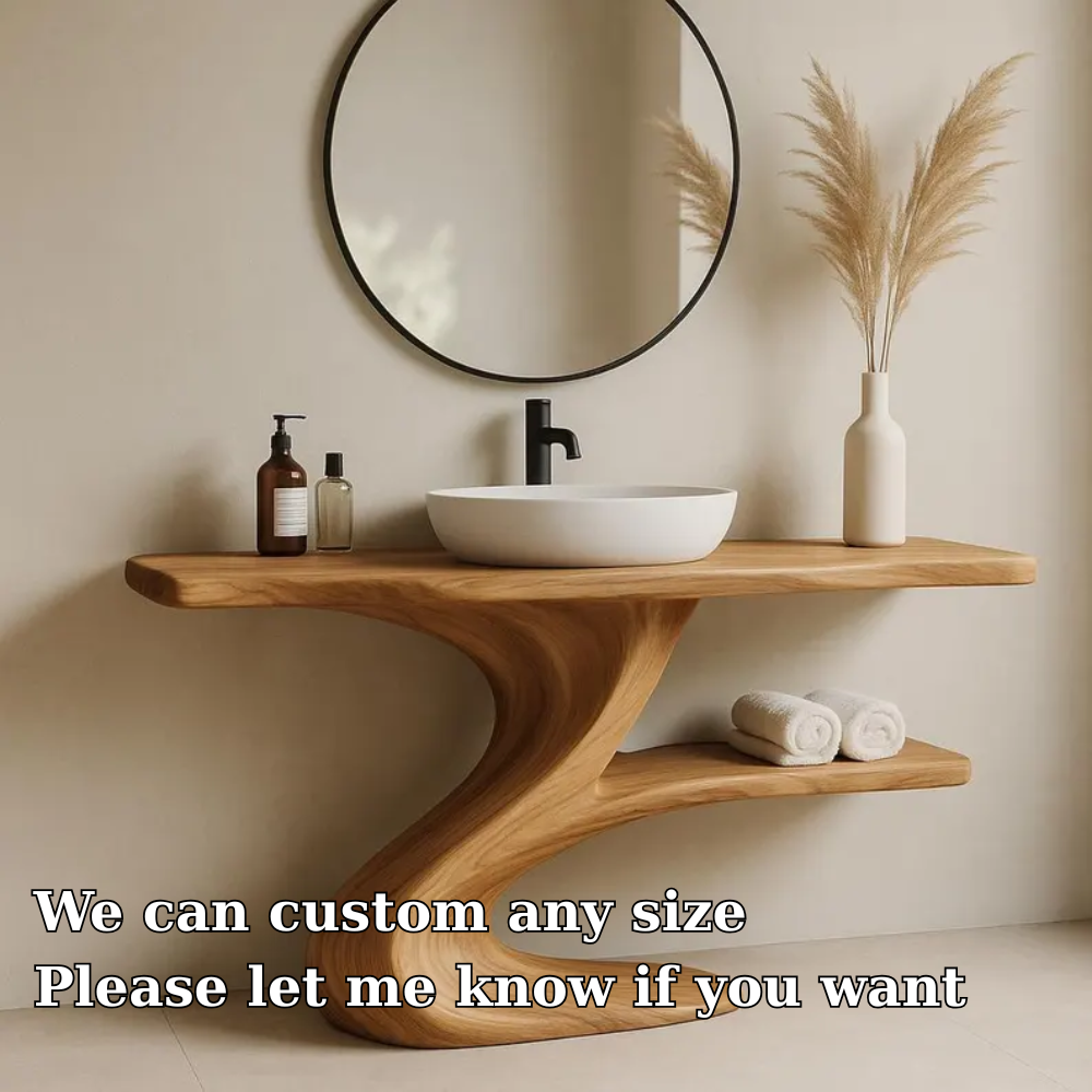 Handcrafted Solid Wood Bathroom Vanity with Curved Base – Modern Organic Sink Console Lynnsnail