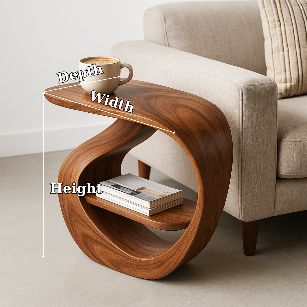 Handcrafted Solid Wood Armrest Table – Sculptural Sofa Side Table with Storage Shelf Lynnsnail