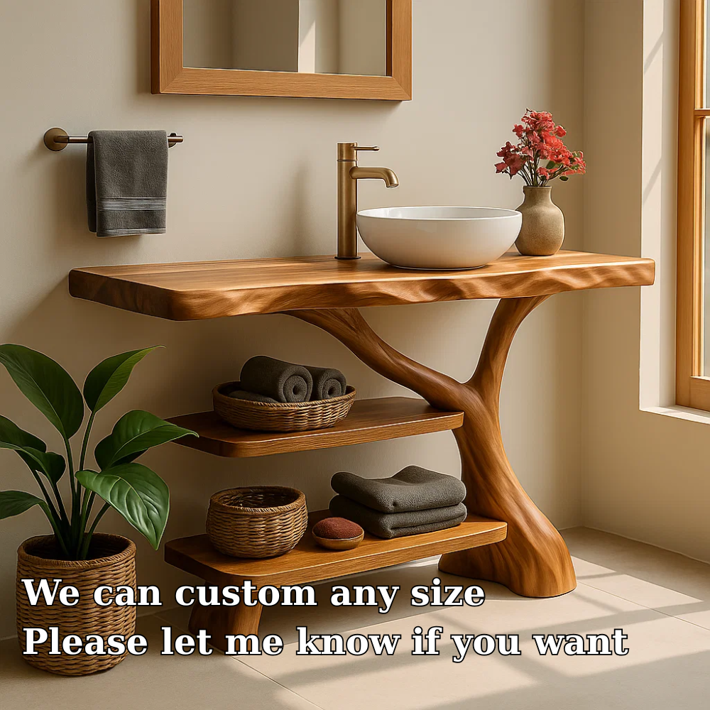 Handcrafted Solid Wood Bathroom Vanity – Natural Double Shelf Design for Modern Rustic Spaces Lynnsnail