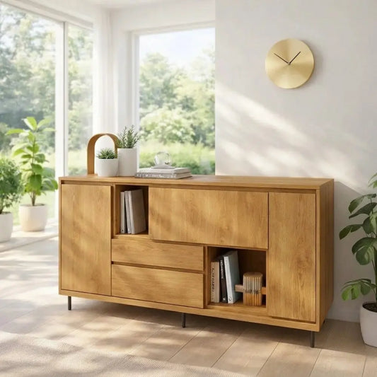 Modern Wood Console Table with Storage Cabinet & Shelves Lynnsnail