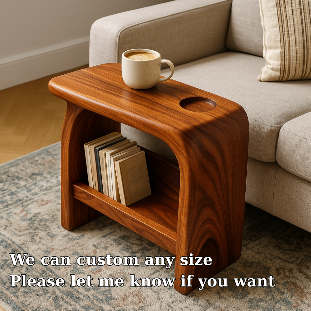 Handcrafted Solid Wood Armrest Table with Storage Shelf – Sculpted Organic Design Lynnsnail