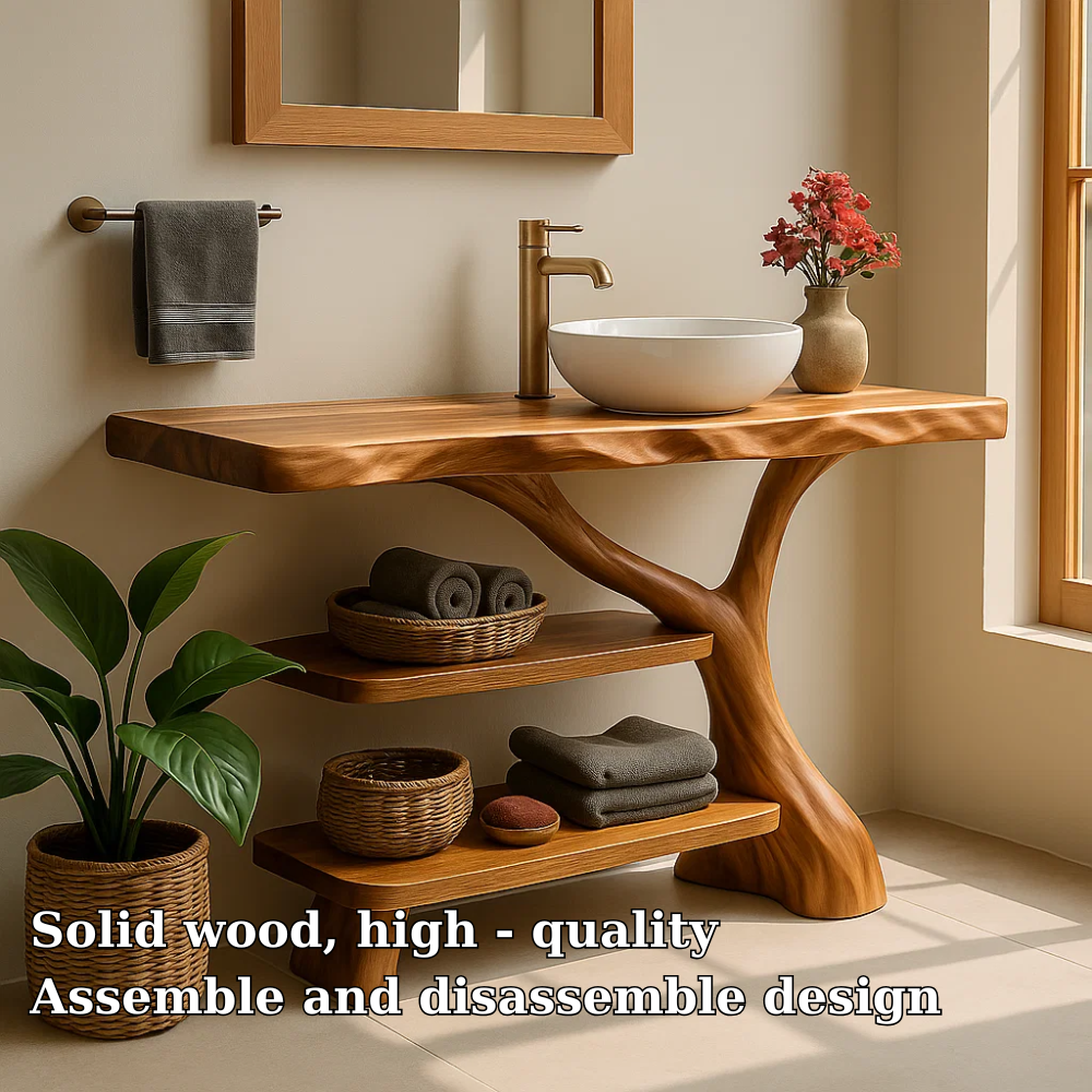 Handcrafted Solid Wood Bathroom Vanity – Natural Double Shelf Design for Modern Rustic Spaces Lynnsnail