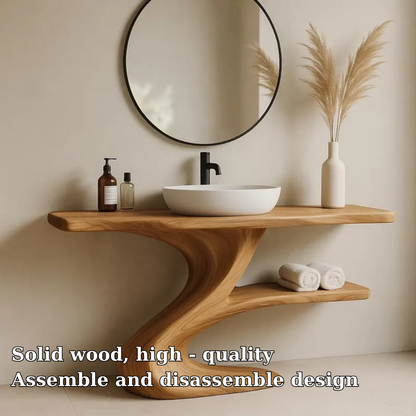 Handcrafted Solid Wood Bathroom Vanity with Curved Base – Modern Organic Sink Console Lynnsnail