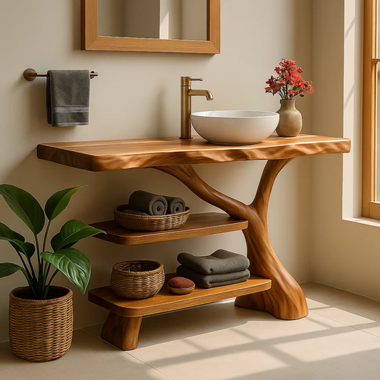 Handcrafted Solid Wood Bathroom Vanity – Natural Double Shelf Design for Modern Rustic Spaces Lynnsnail