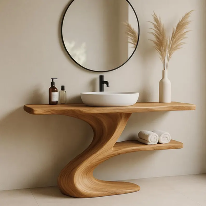 Handcrafted Solid Wood Bathroom Vanity with Curved Base – Modern Organic Sink Console Lynnsnail