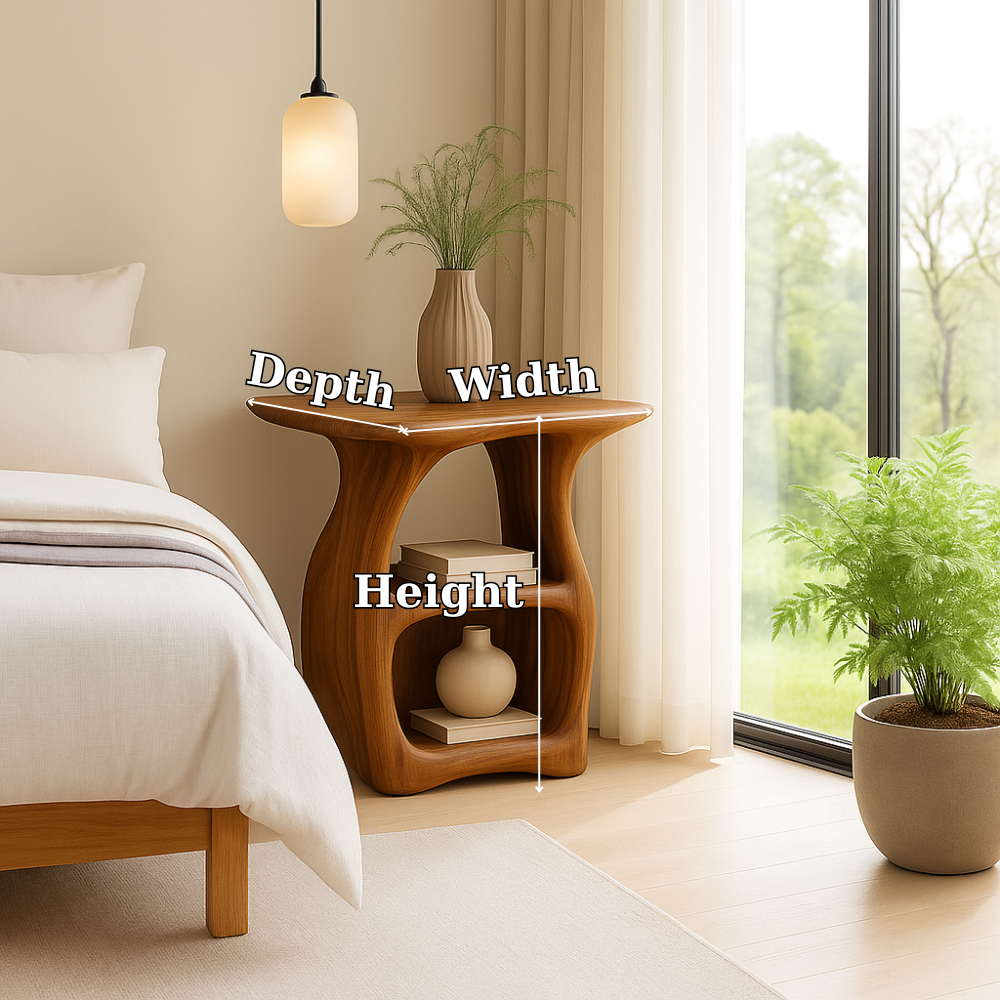 Handcrafted Solid Wood Nightstand – Modern Organic Bedside Table with Curved Open Shelves Lynnsnail
