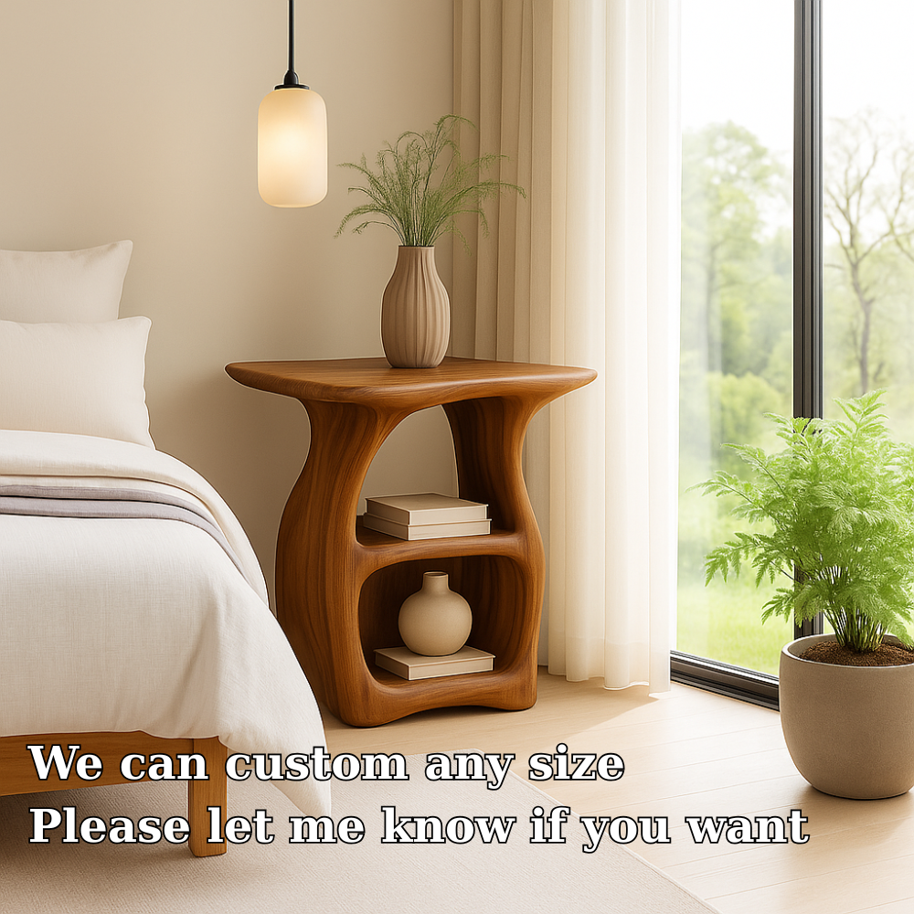 Handcrafted Solid Wood Nightstand – Modern Organic Bedside Table with Curved Open Shelves Lynnsnail