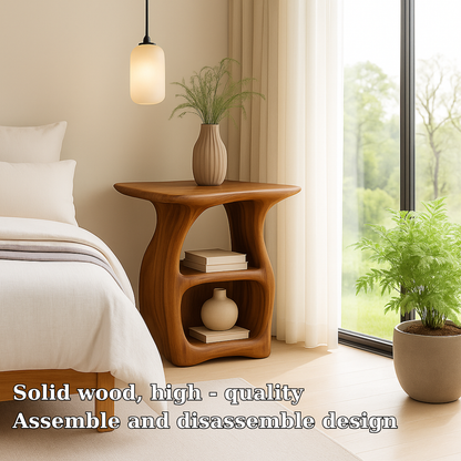 Handcrafted Solid Wood Nightstand – Modern Organic Bedside Table with Curved Open Shelves Lynnsnail