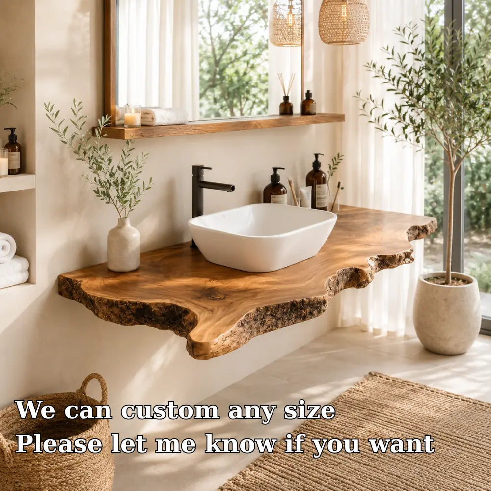 Bark Edge Floating Vanity Shelf | Natural Live Edge Solid Wood Bathroom Lynnsnail