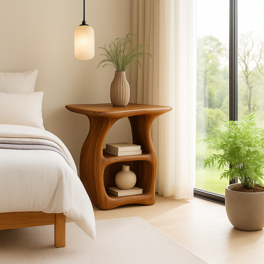 Handcrafted Solid Wood Nightstand – Modern Organic Bedside Table with Curved Open Shelves Lynnsnail