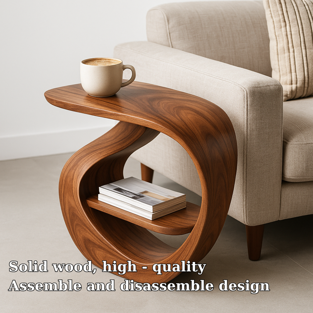 Handcrafted Solid Wood Armrest Table – Sculptural Sofa Side Table with Storage Shelf Lynnsnail