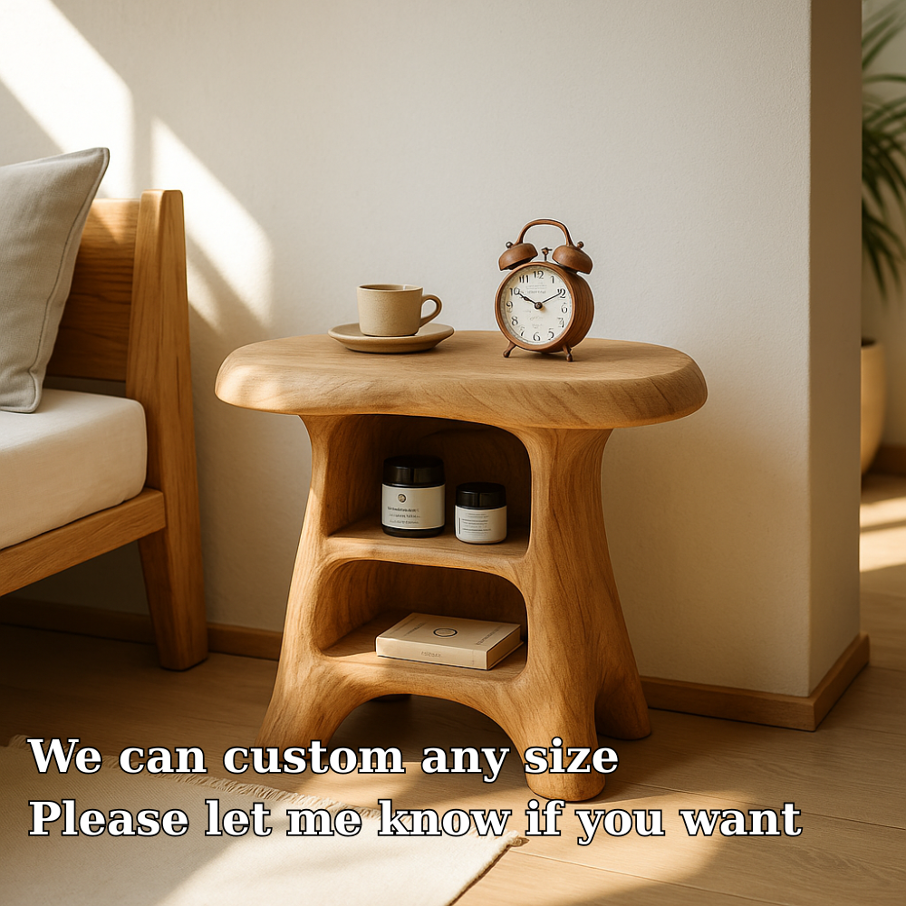 Handcrafted Solid Wood Nightstand – Organic Curved Bedside Table with Open Storage Lynnsnail
