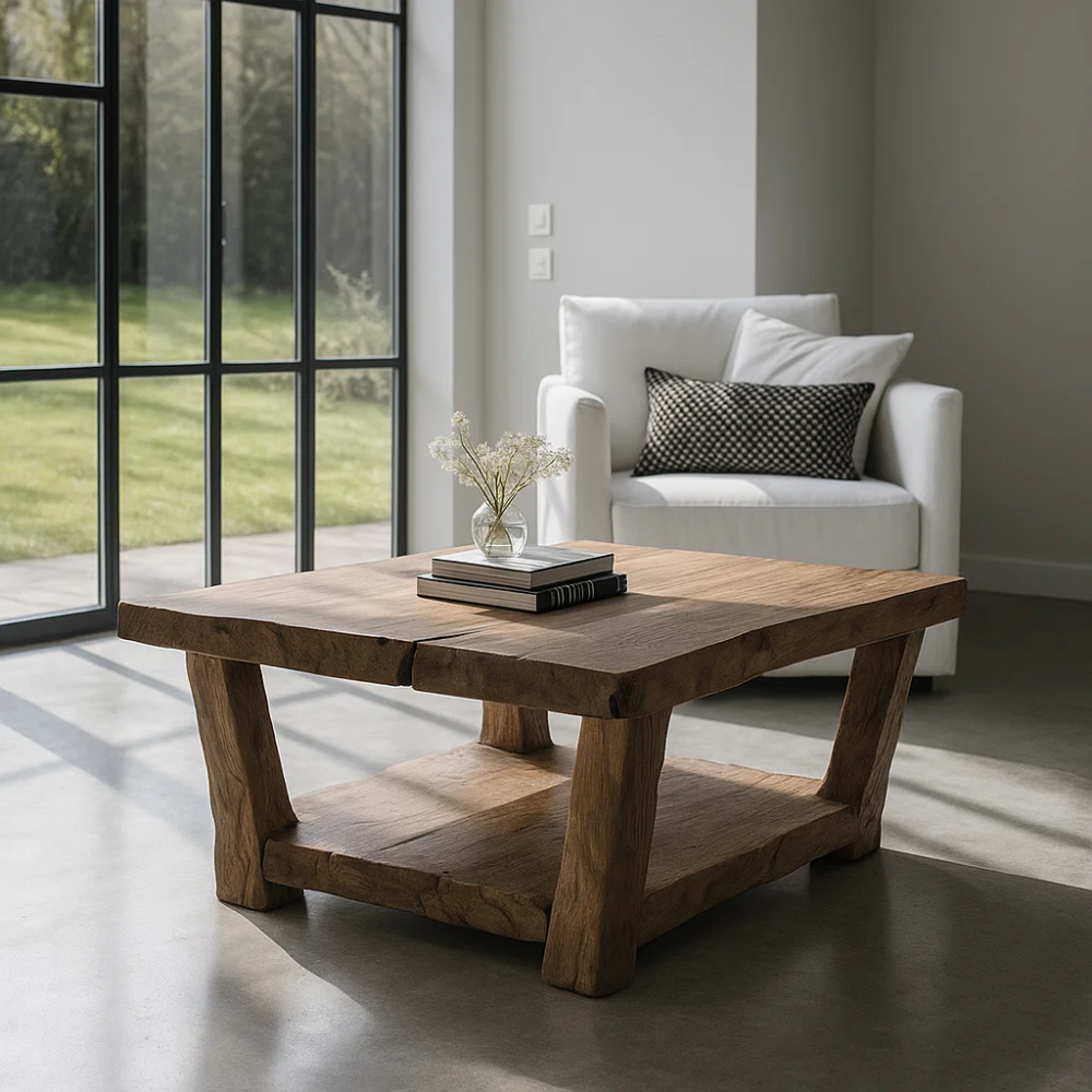 Handcrafted Solid Wood Coffee Table – Rustic Square Design with Natural Live Edge Finish Lynnsnail